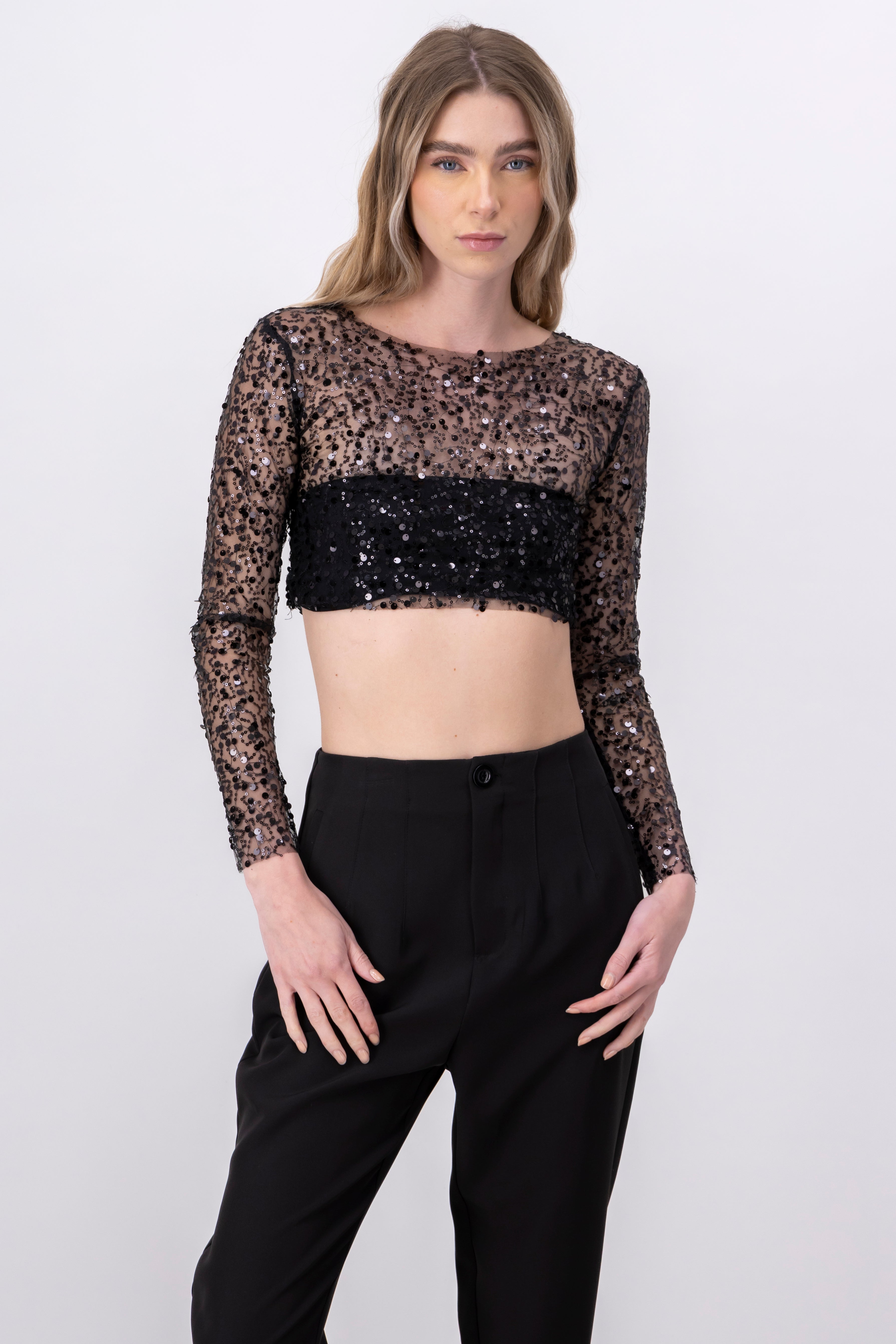 Top crop manga larga brillos