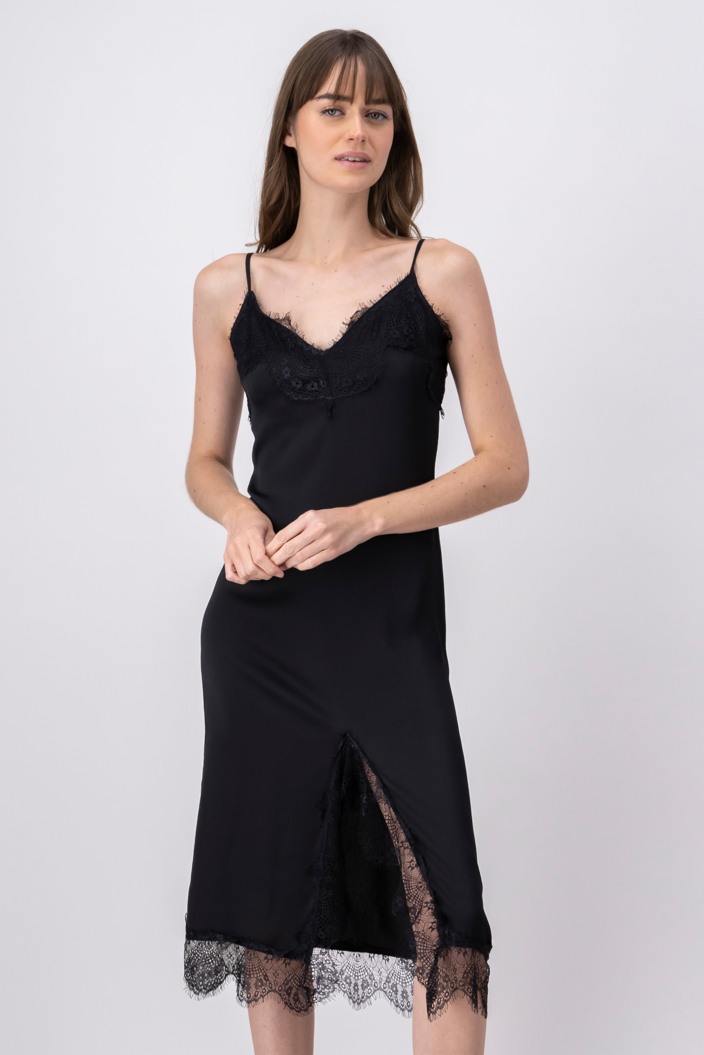 Vestido midi lencero detalle encaje NEGRO