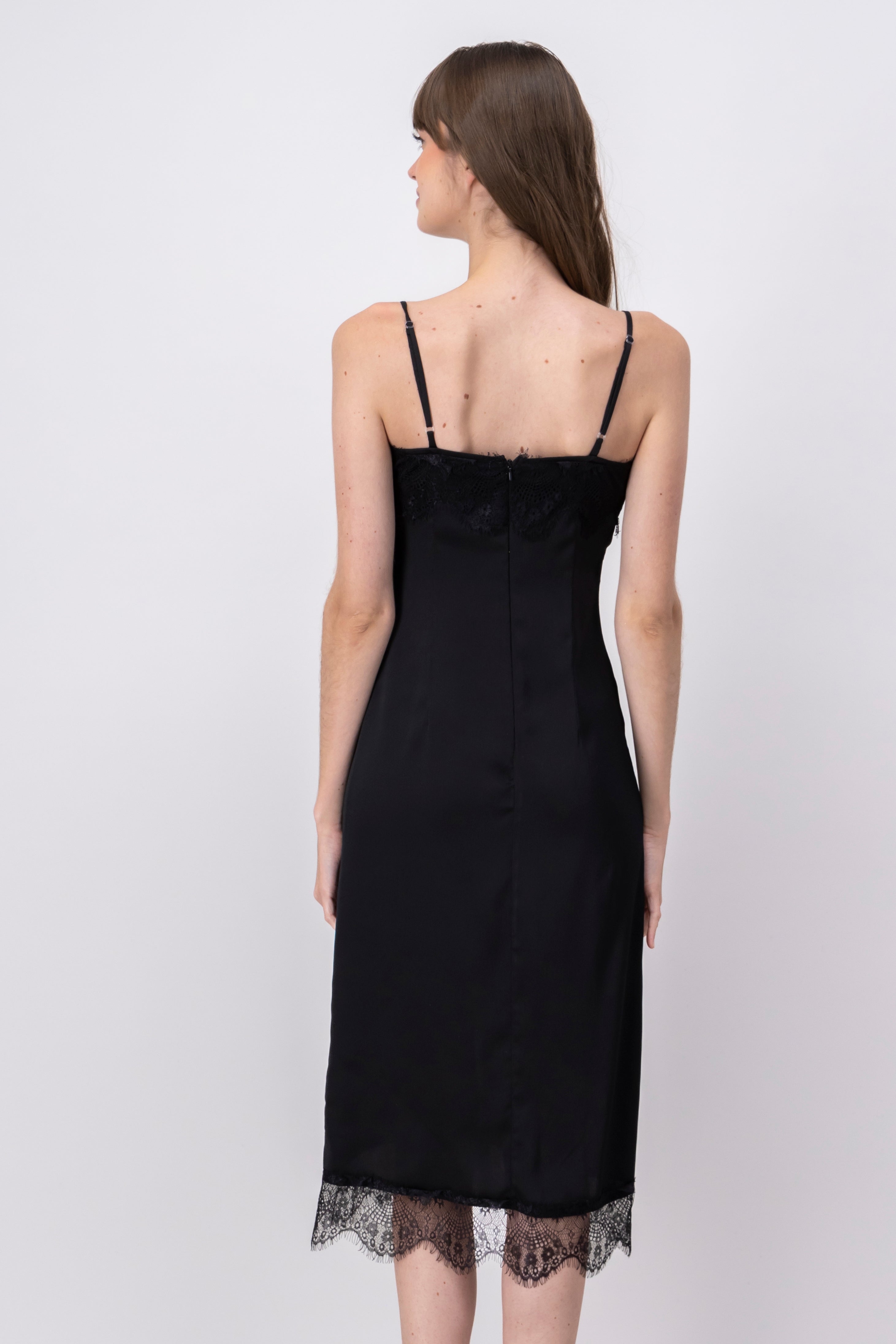 Vestido midi lencero detalle encaje NEGRO