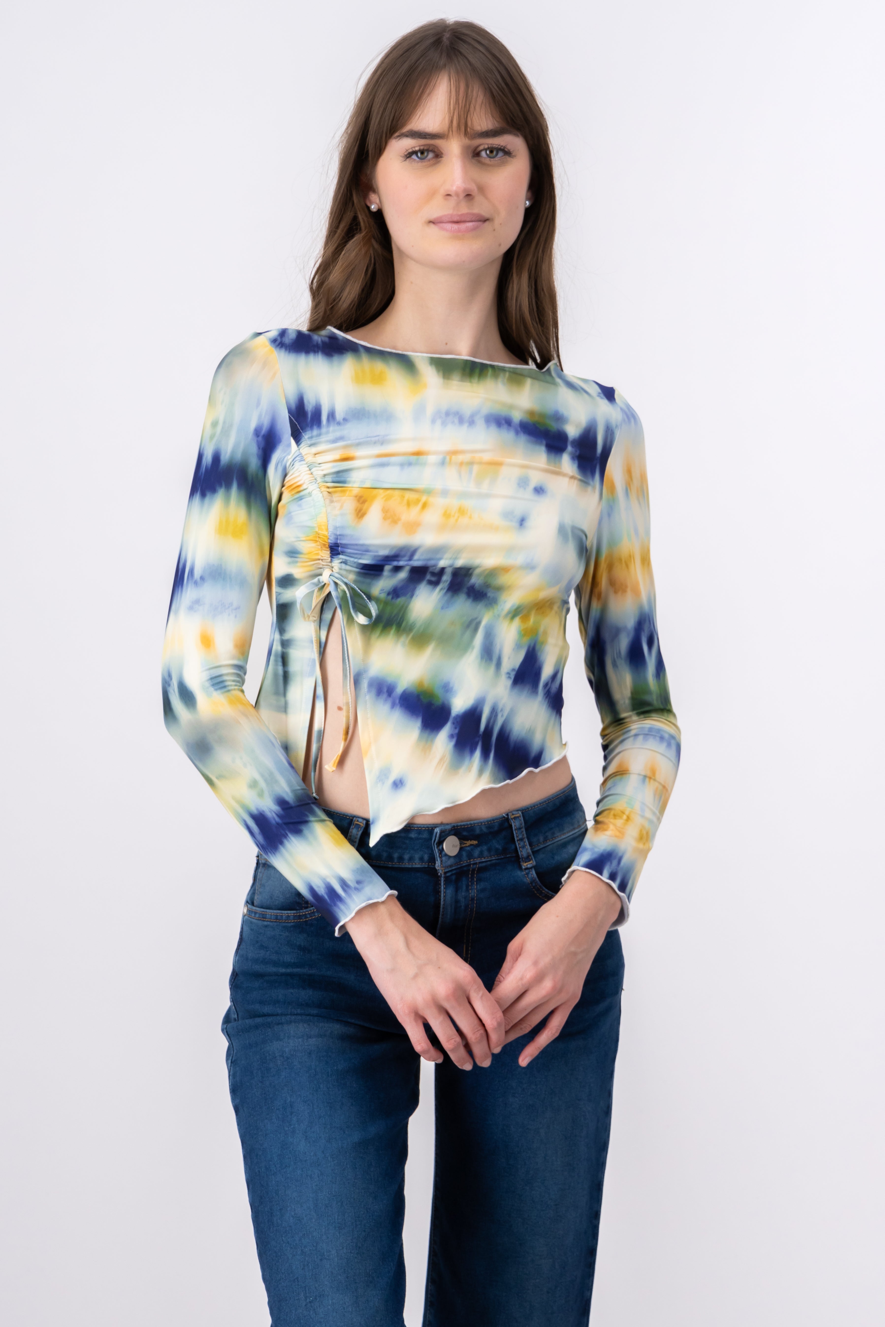 Blusa manga larga detalle frunce AZUL COMBO