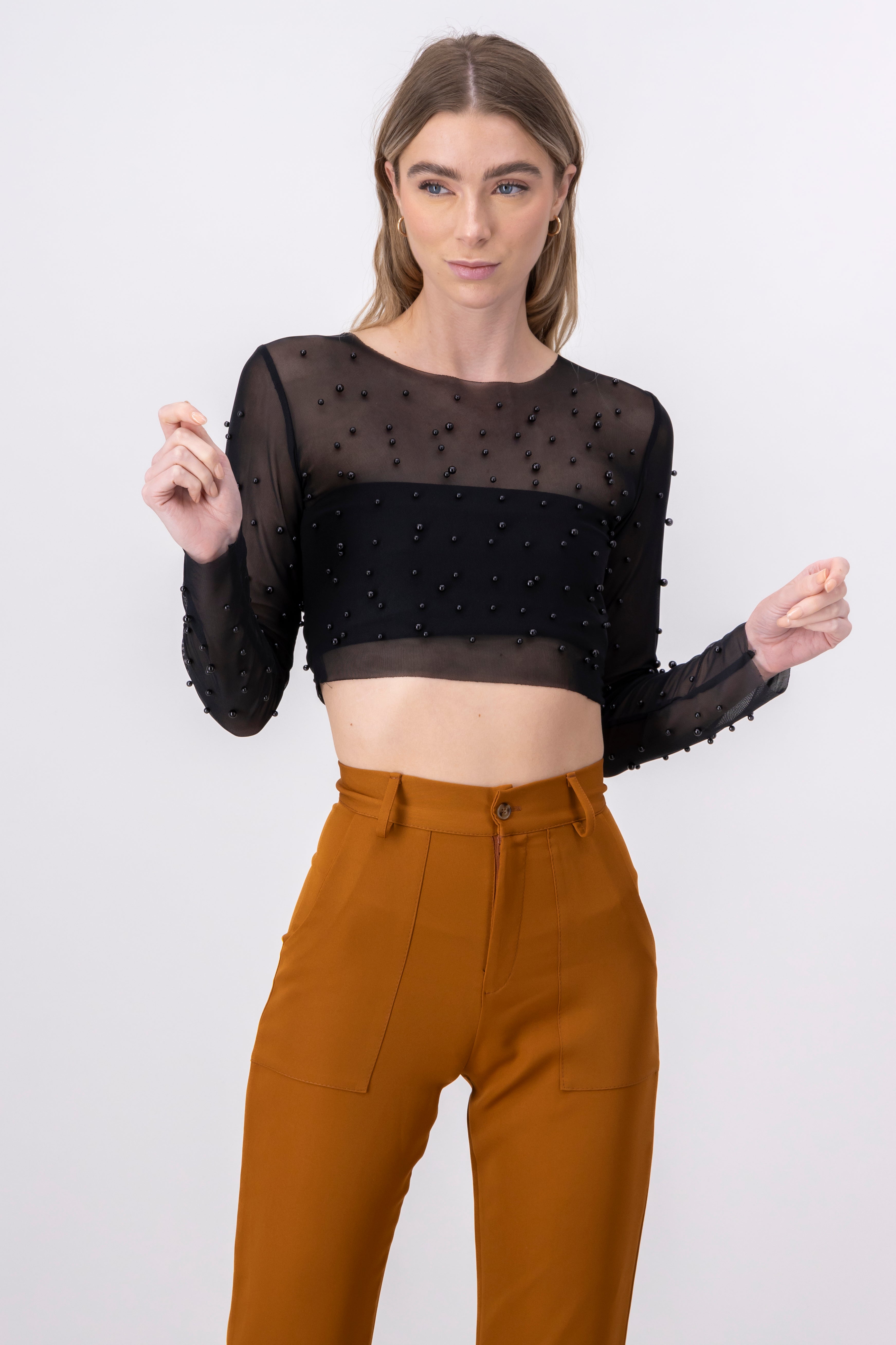 Top crop mesh perlas NEGRO