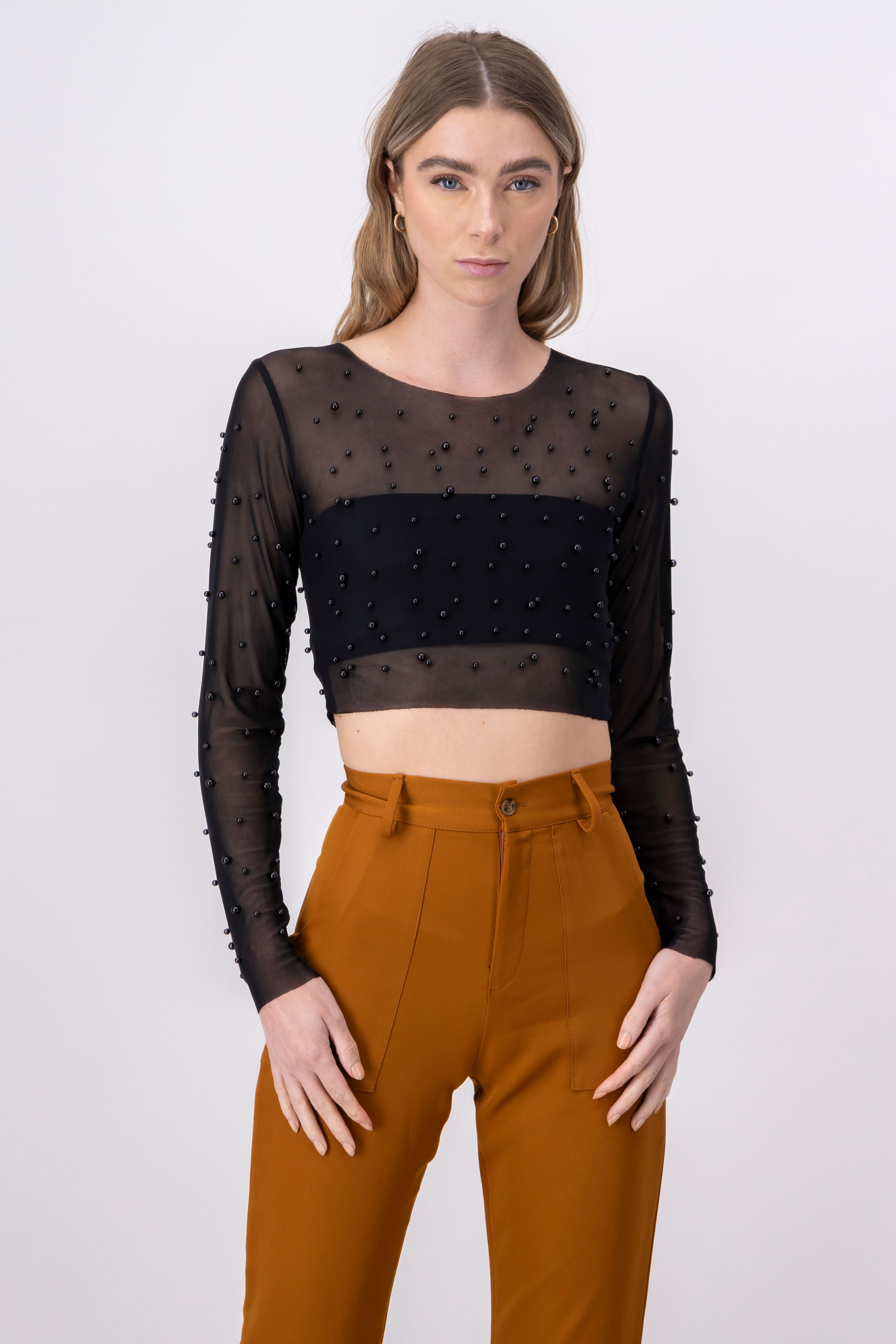 Top crop mesh perlas NEGRO