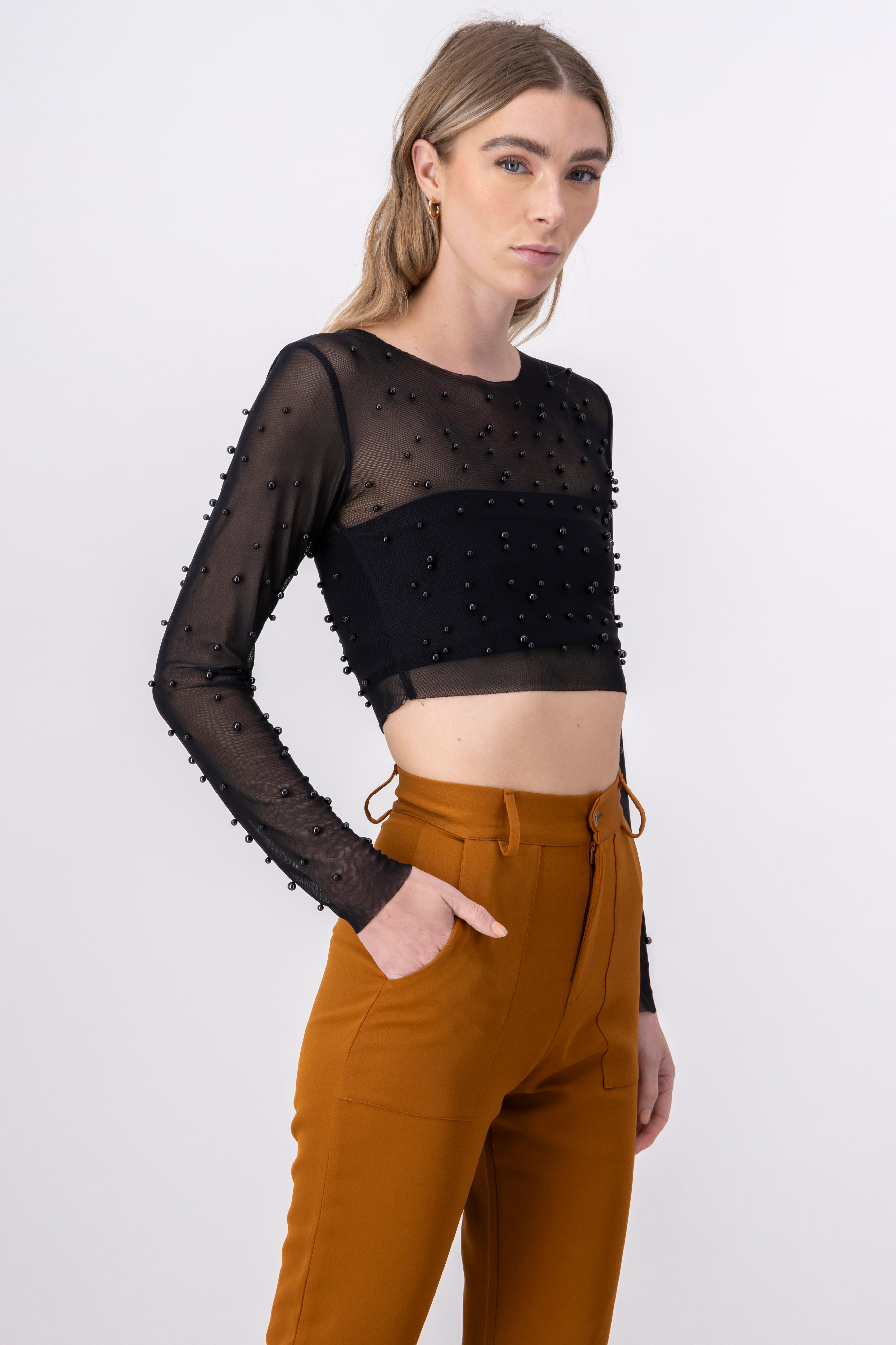 Top crop mesh perlas NEGRO