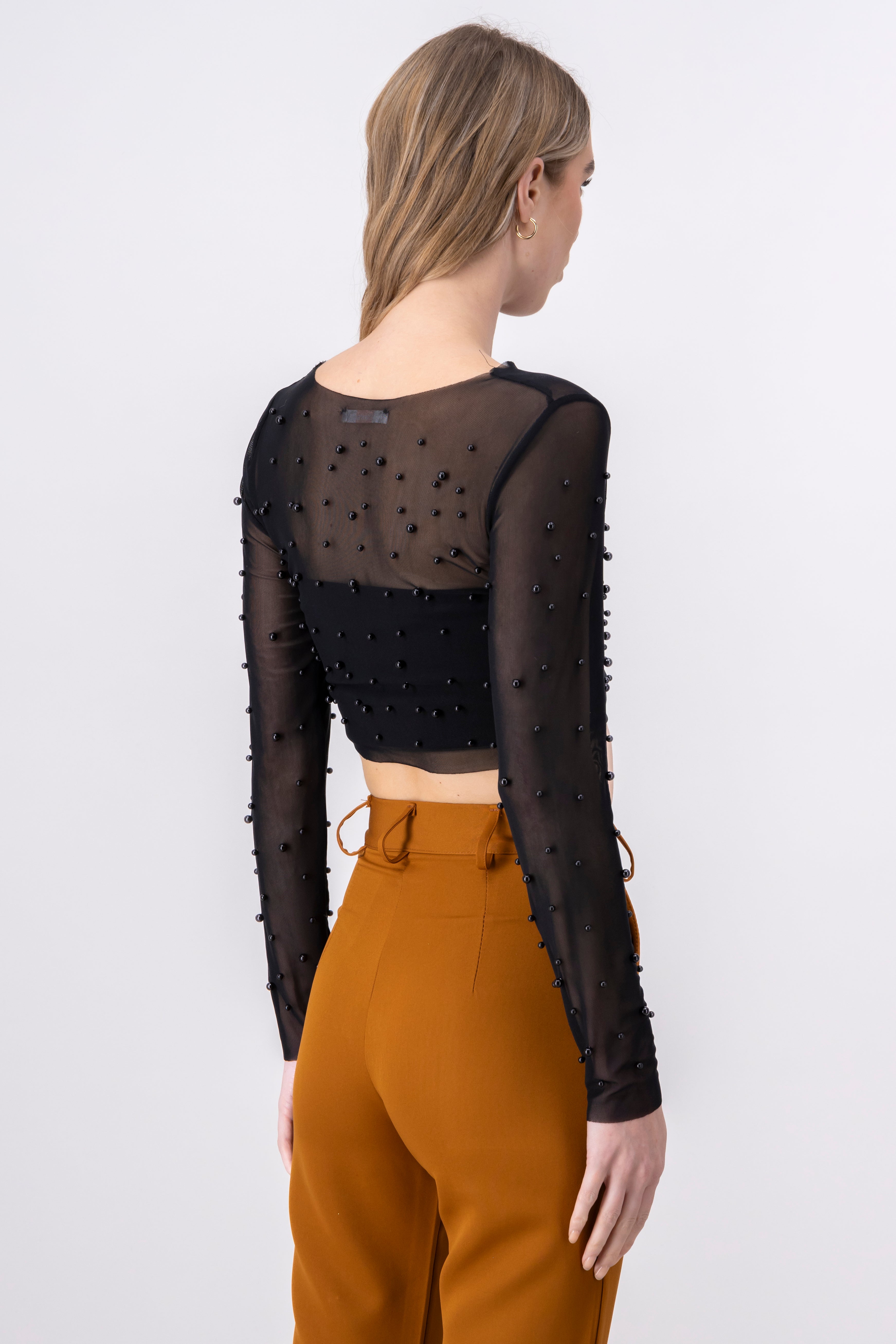 Top crop mesh perlas NEGRO