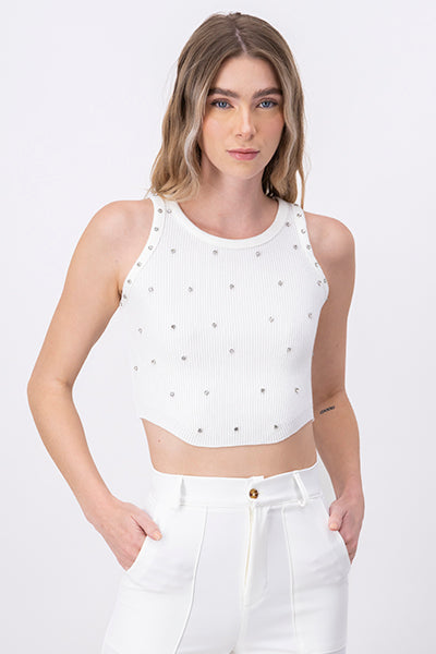 Top crop acanalado brillos BLANCO