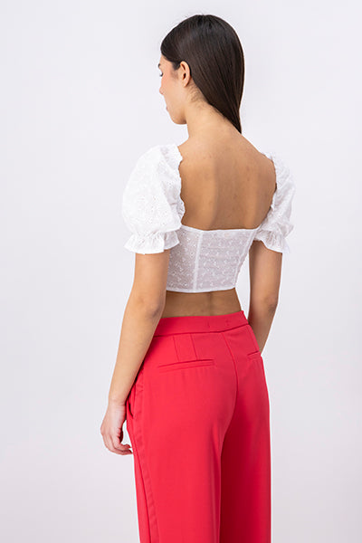 Top copas eyelet manga abullonada BLANCO