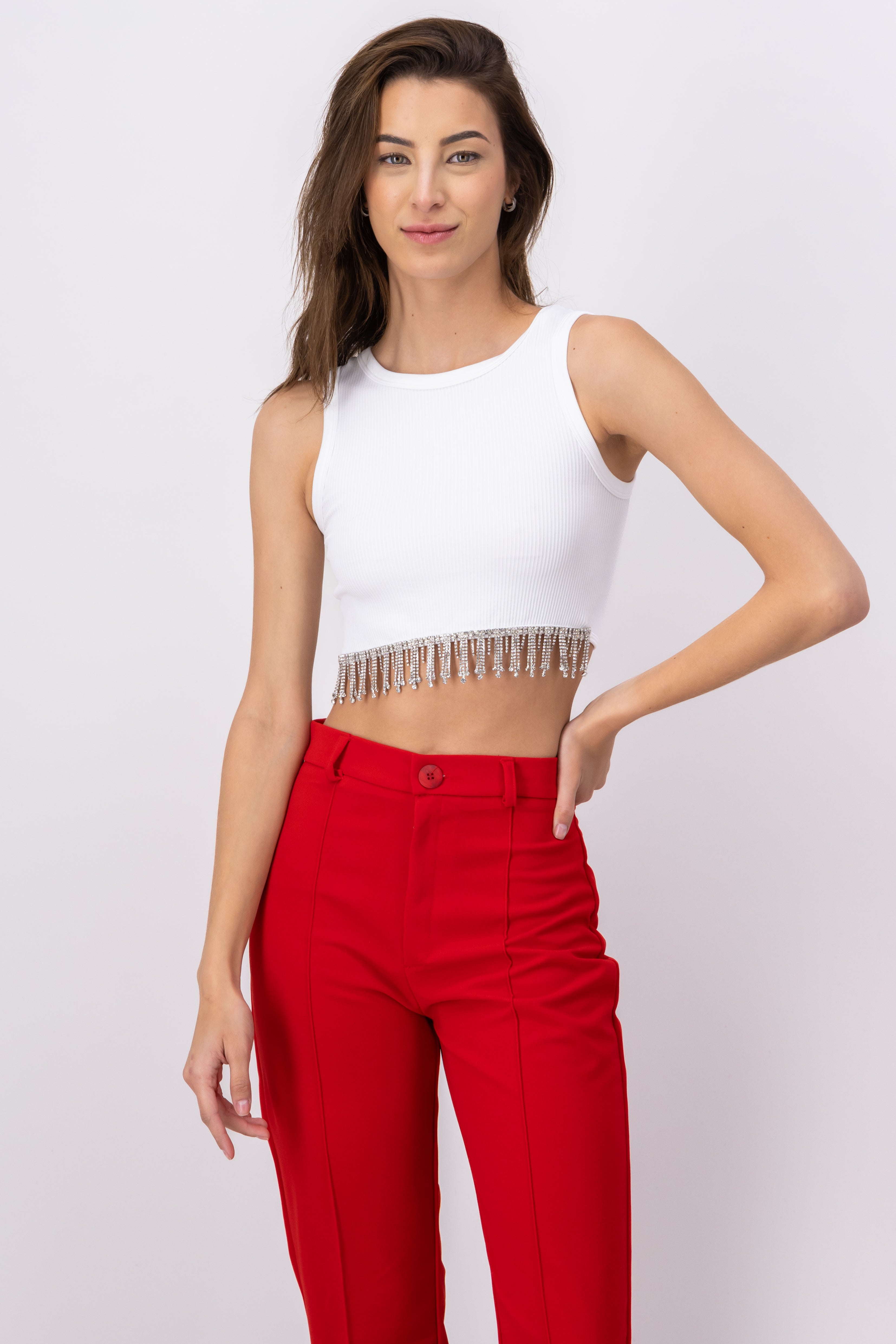 Top con detalle de brillos liso BLANCO