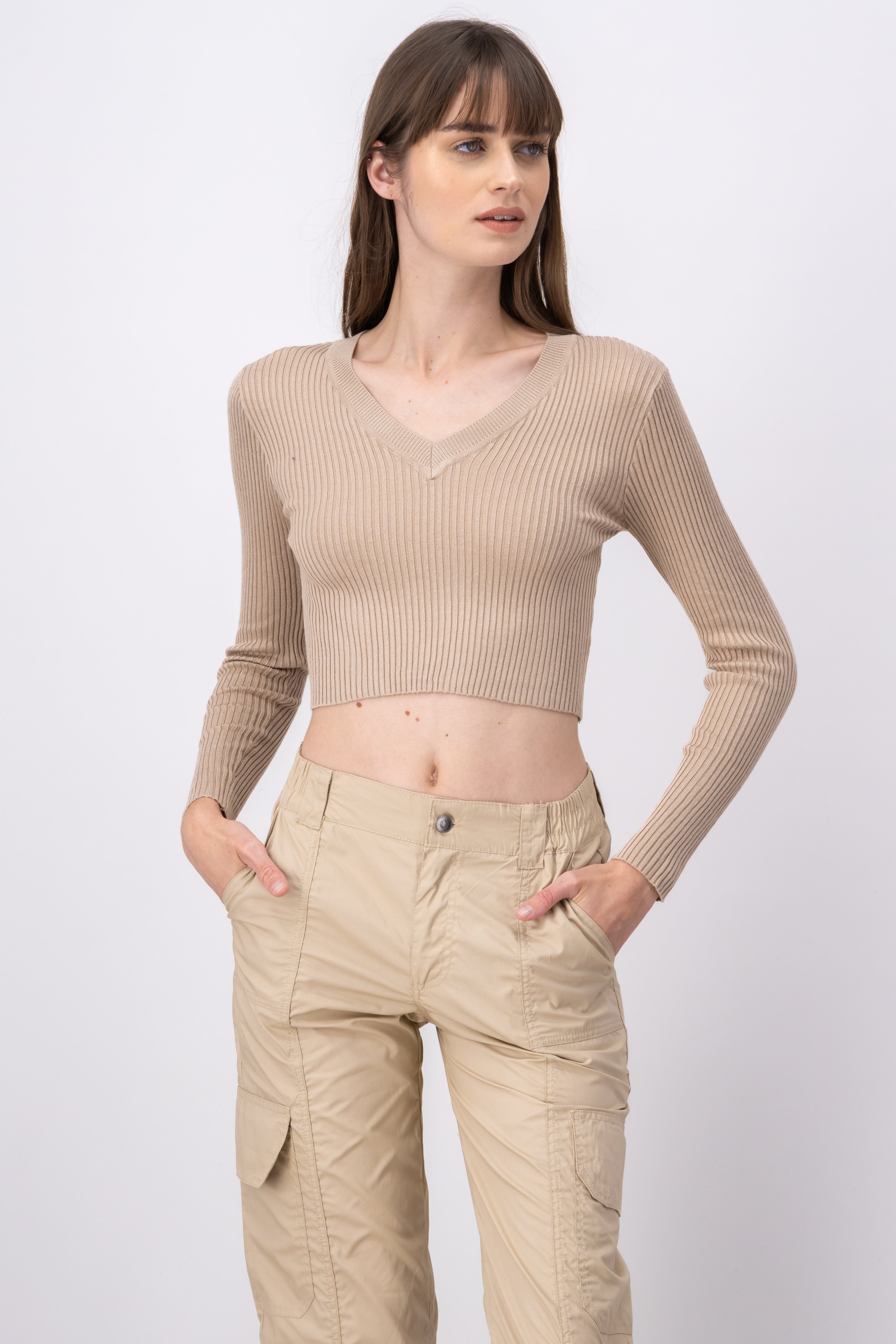 Top manga larga escote TAUPE