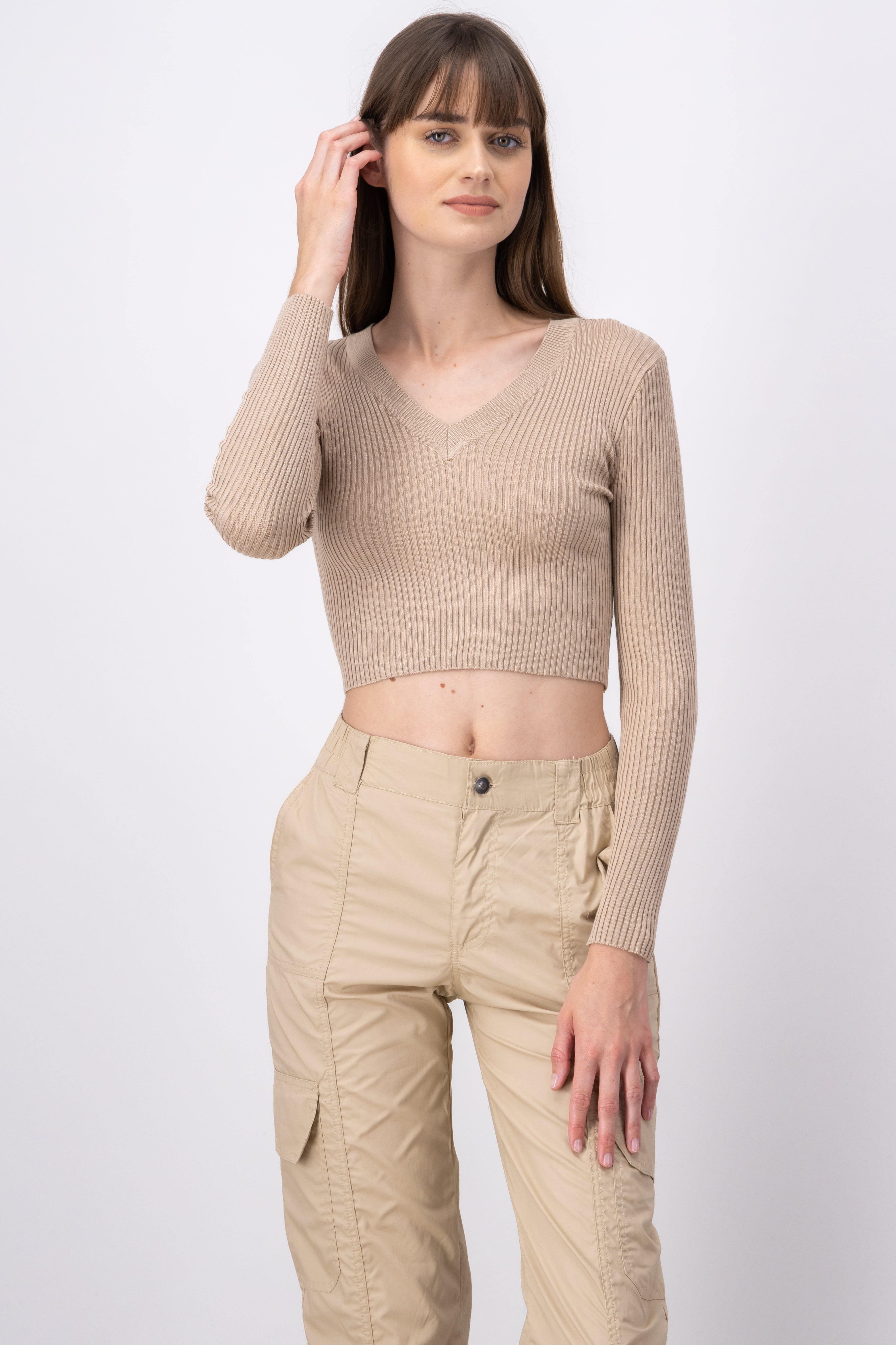 Top manga larga escote TAUPE