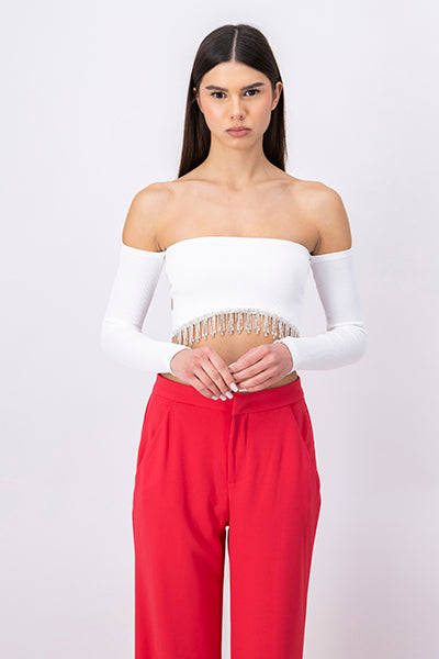 Top Crop Manga Larga Brillos BLANCO