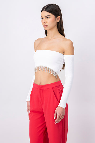 Top Crop Manga Larga Brillos BLANCO