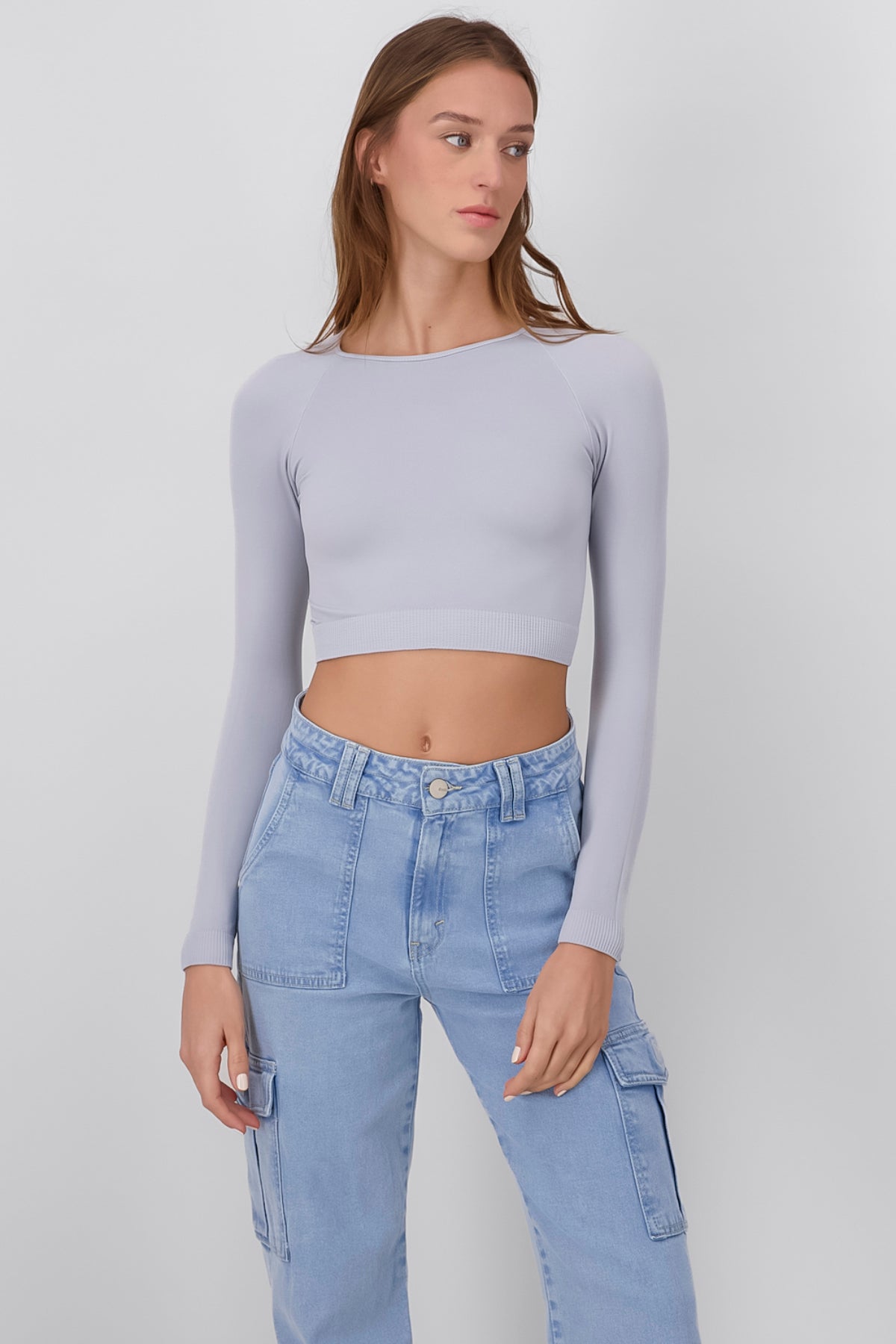 Top crop seamless manga larga GRIS CLARO