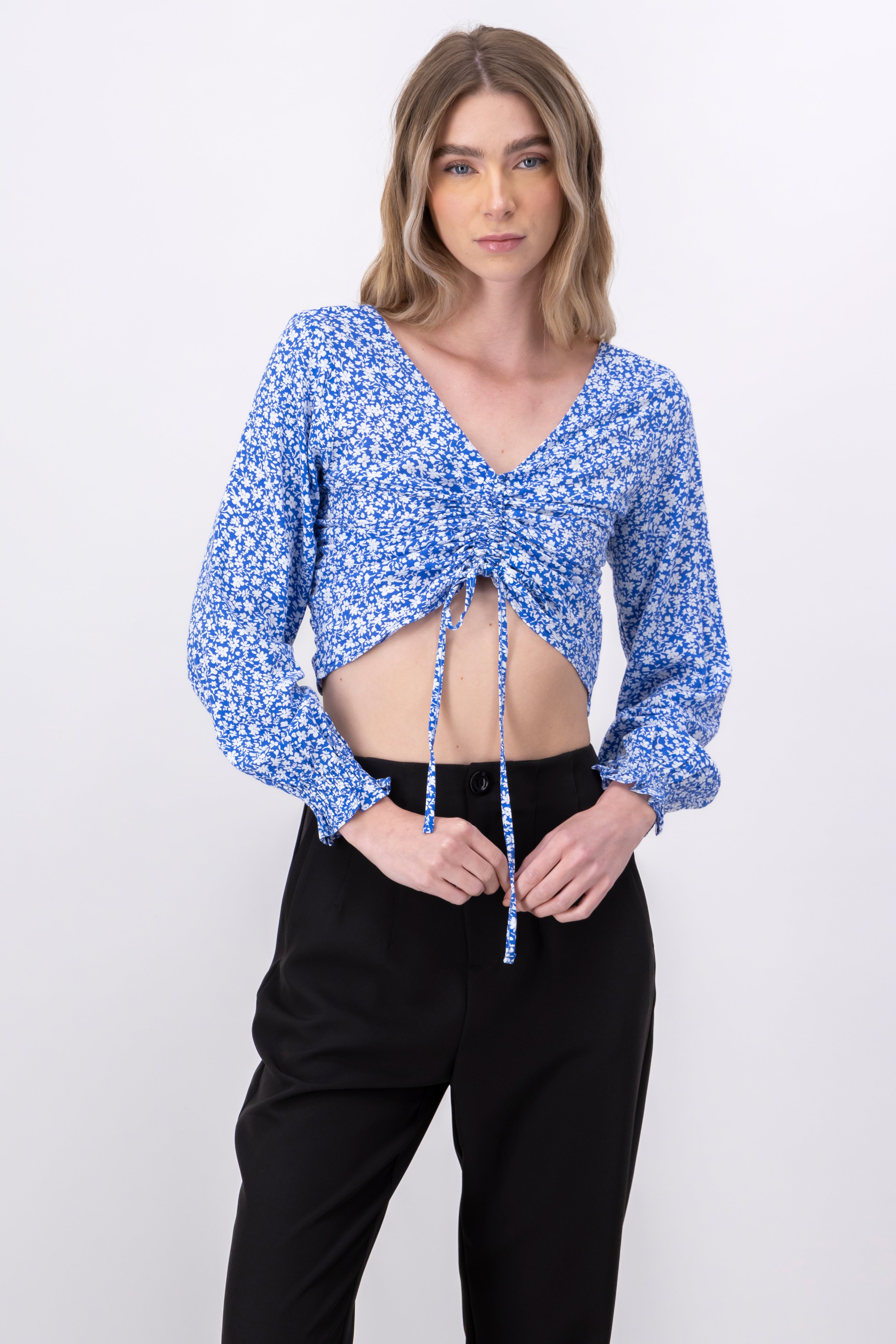 Blusa Crop Manga Larga Flores AZUL COMBO