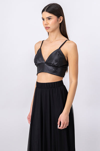 Top Crop Efecto Piel Textura NEGRO