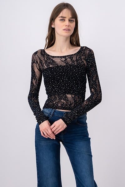 Blusa encaje brillos NEGRO