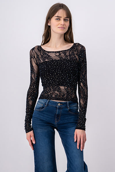 Blusa encaje brillos NEGRO