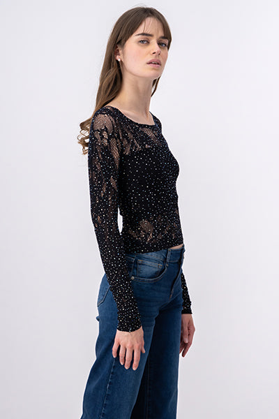 Blusa encaje brillos NEGRO