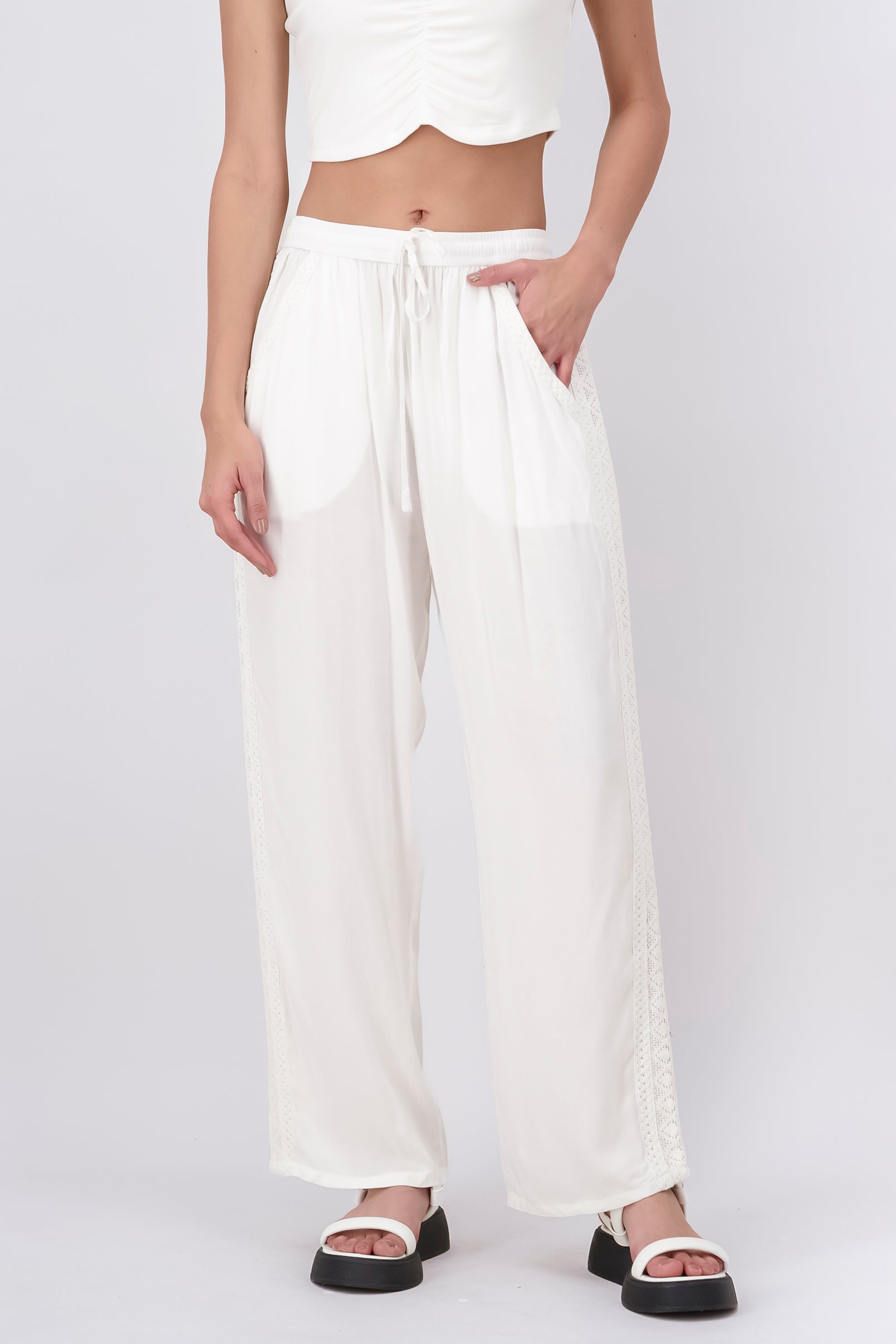 Pantalón Wide Leg Bordados Laterales CREMA