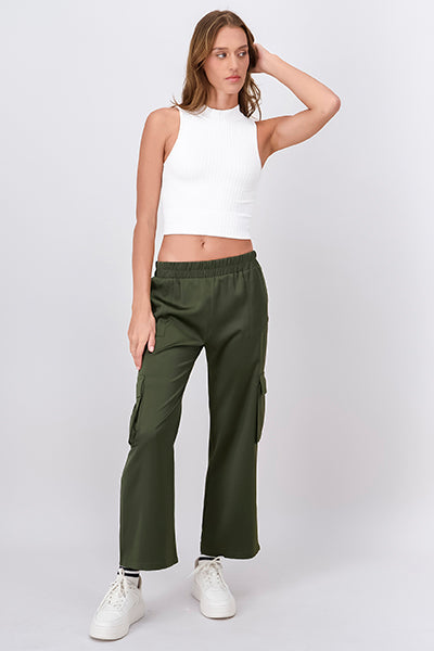 Pantalón cargo satinado cintura elástica OLIVO