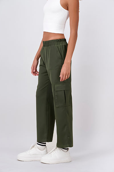 Pantalón cargo satinado cintura elástica OLIVO