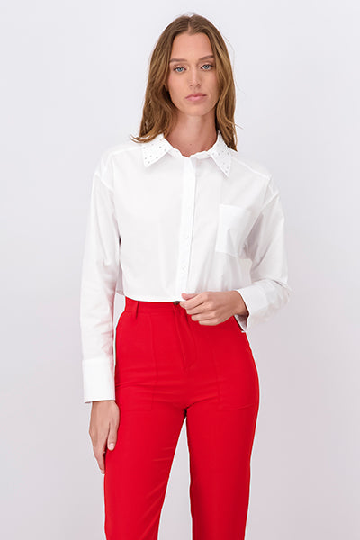 Camisa crop cuello brillos BLANCO