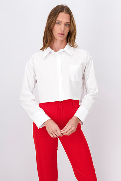 Camisa crop cuello brillos BLANCO