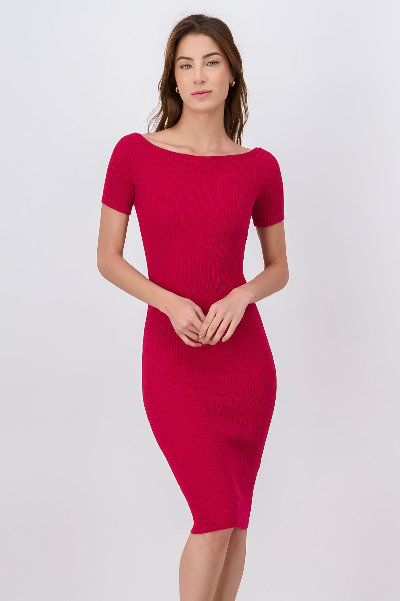 Vestido Tejido Midi Manga Corta ROJO