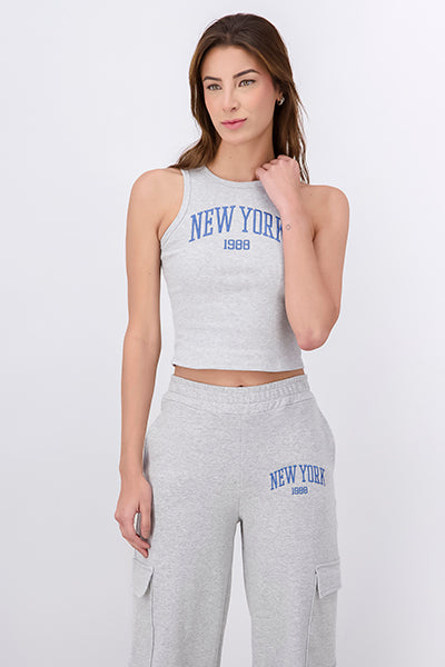 Top Acanalado Estampado New York GRIS JASPE