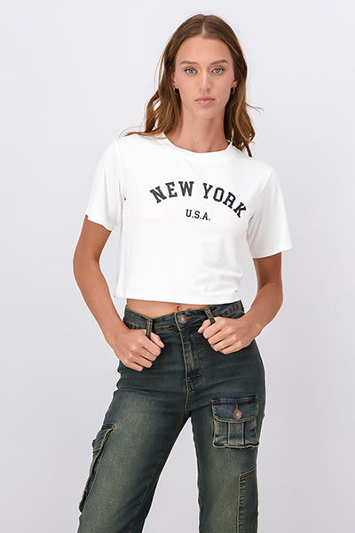 Playera Crop Nueva York BLANCO COMBO