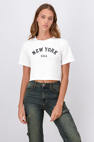 Playera Crop Nueva York BLANCO COMBO