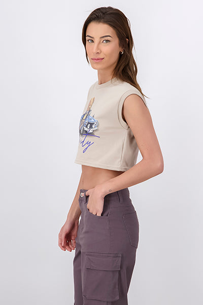 Playera crop osito universitario BEIGE