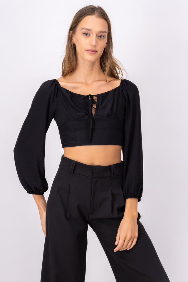 Blusa crop manga abullonada moño