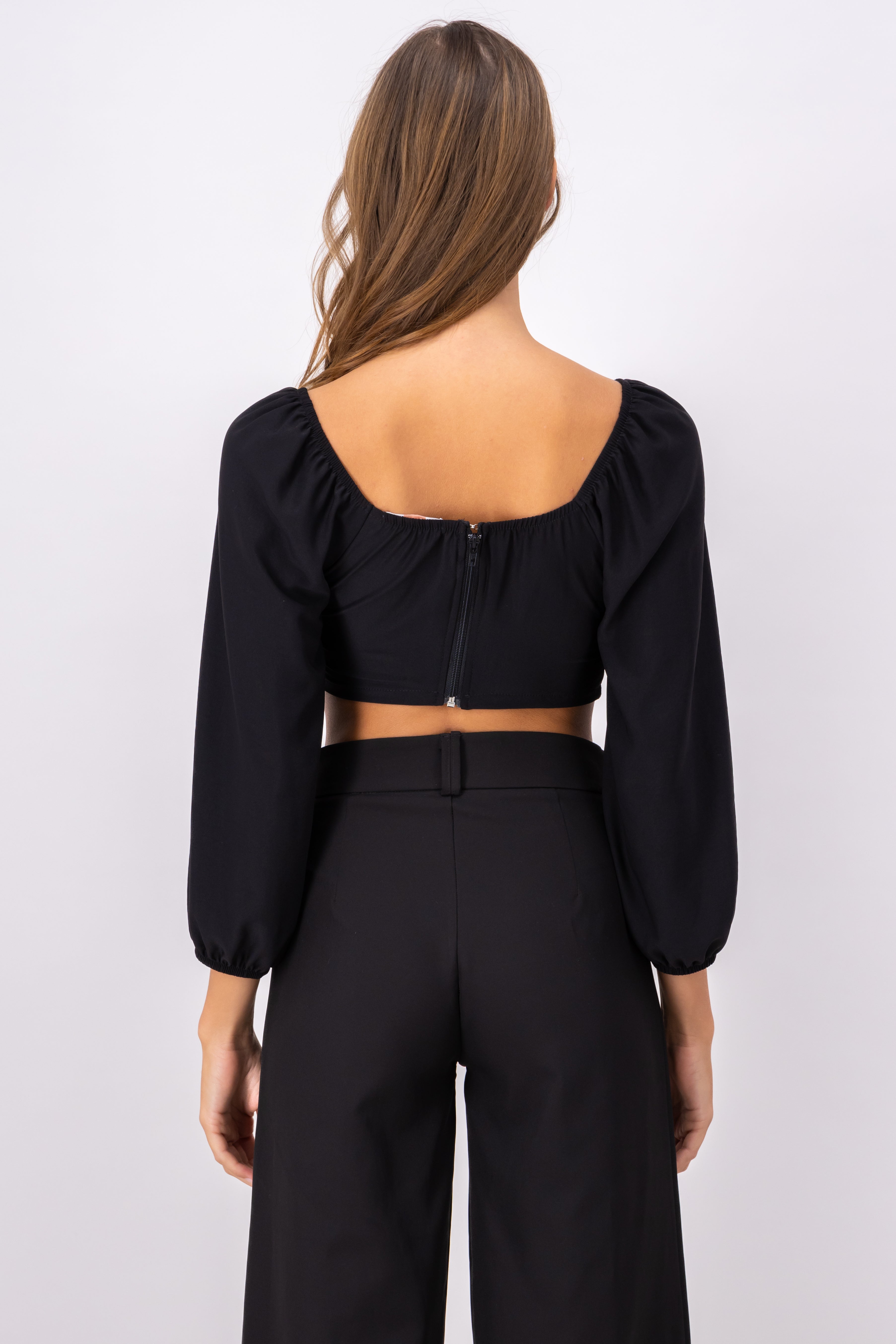 Blusa crop manga abullonada moño NEGRO