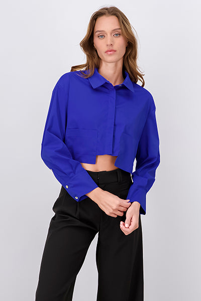 Camisa crop manga larga bolsos AZUL BRILLANTE