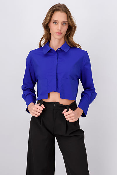 Camisa crop manga larga bolsos AZUL BRILLANTE