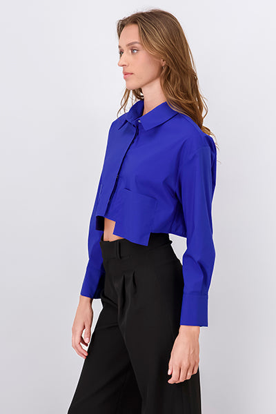 Camisa crop manga larga bolsos AZUL BRILLANTE