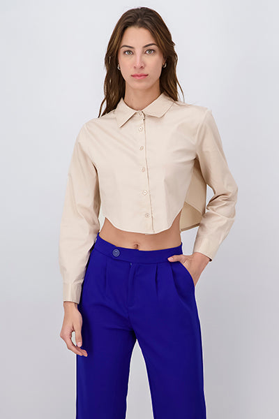 Camisa Crop Manga Larga Lisa KHAKI