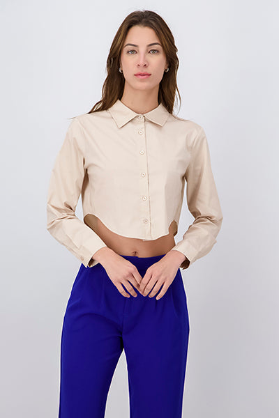 Camisa Crop Manga Larga Lisa KHAKI