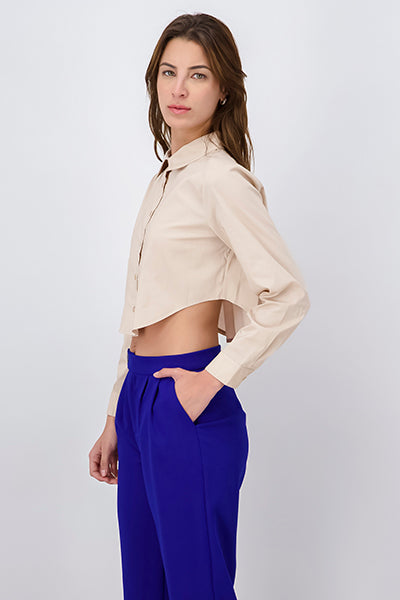 Camisa Crop Manga Larga Lisa KHAKI