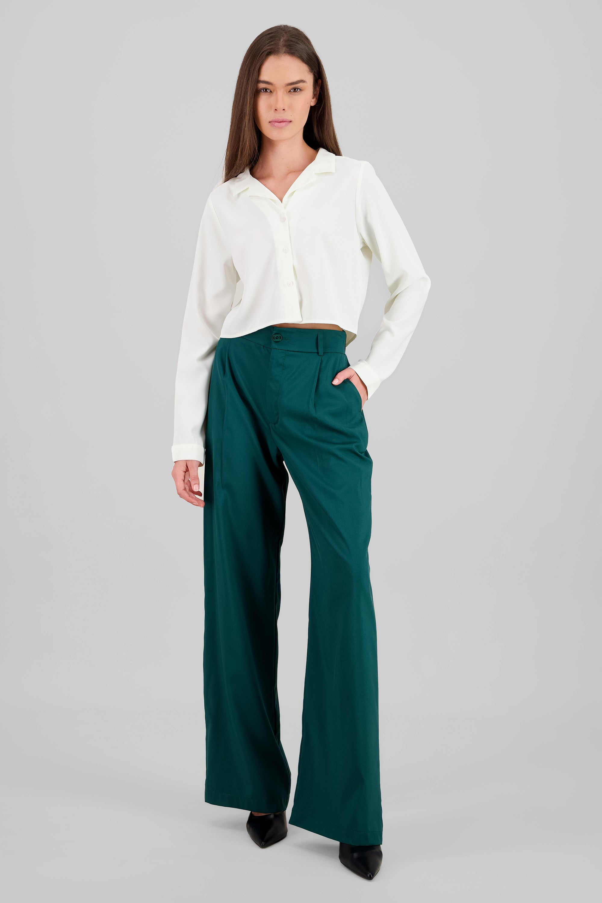 Pantalón Recto Pinzas Bolsillos VERDE CAZADOR