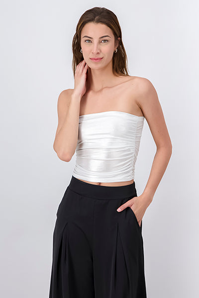 Top strapless plisado metálico PLATA