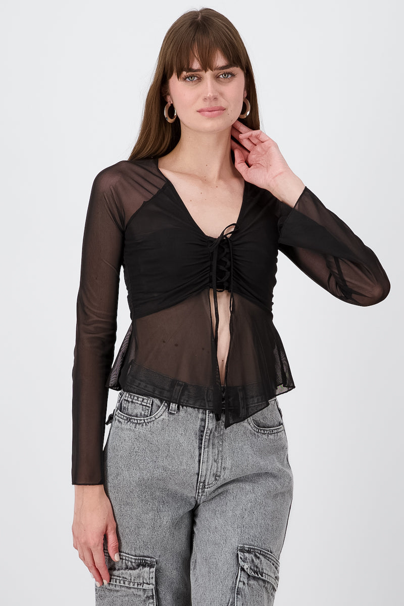 Top mesh abertura manga larga NEGRO