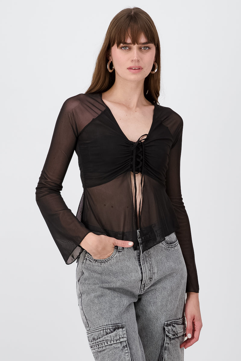 Top mesh abertura manga larga NEGRO