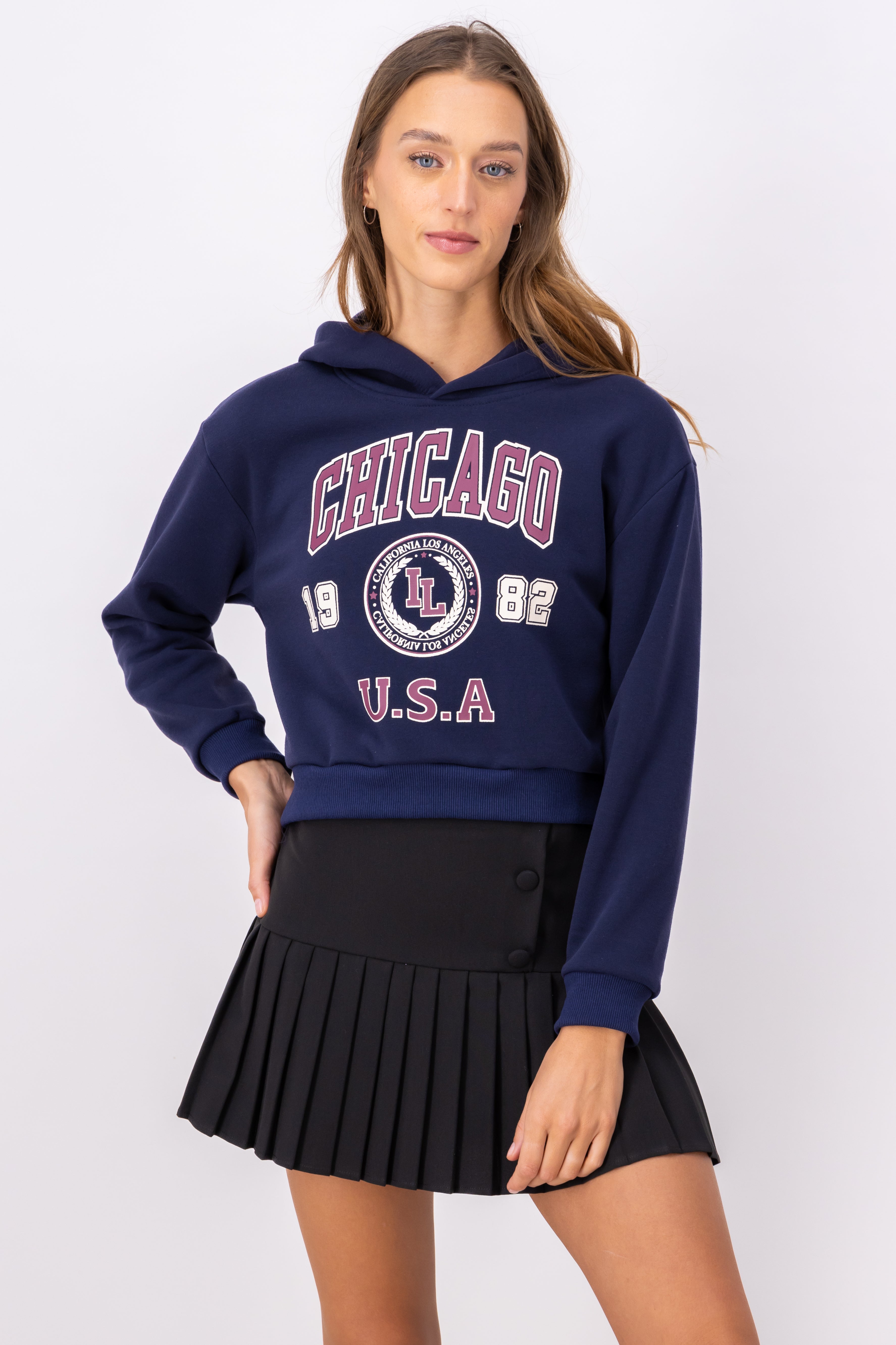 Sudadera Crop Estampado Chicago MARINO