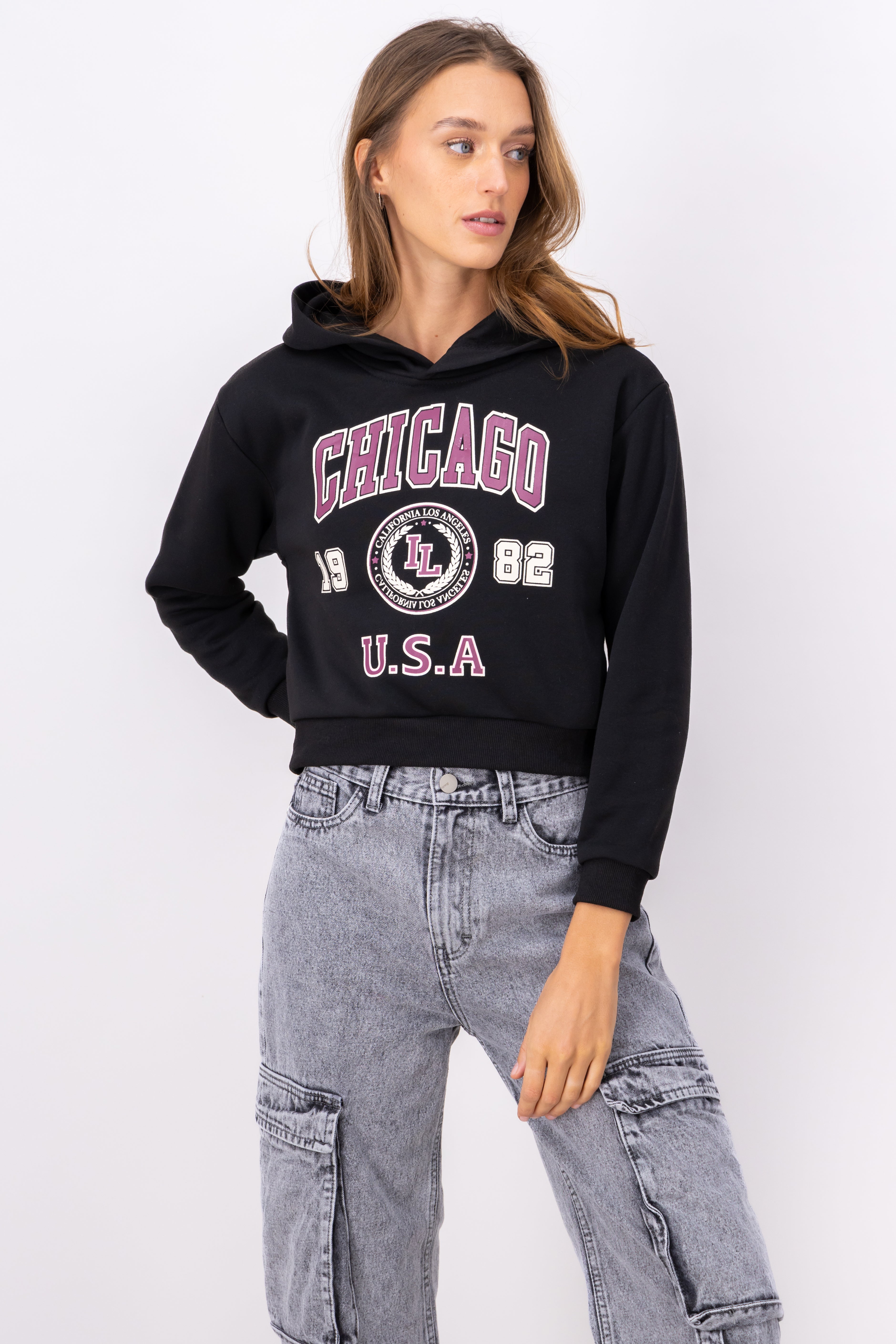 Sudadera Crop Estampado Chicago NEGRO