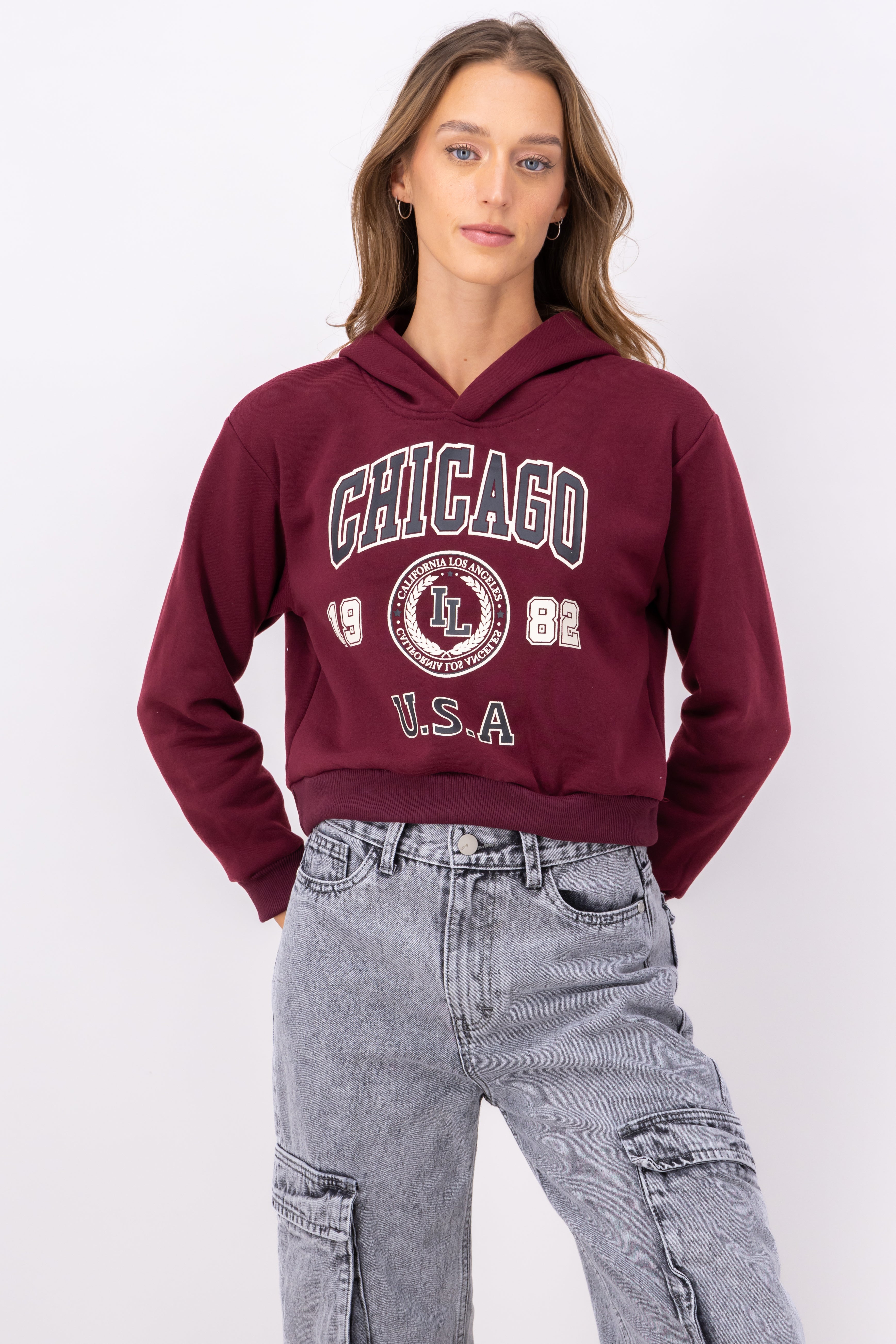 Sudadera Crop Estampado Chicago VINO