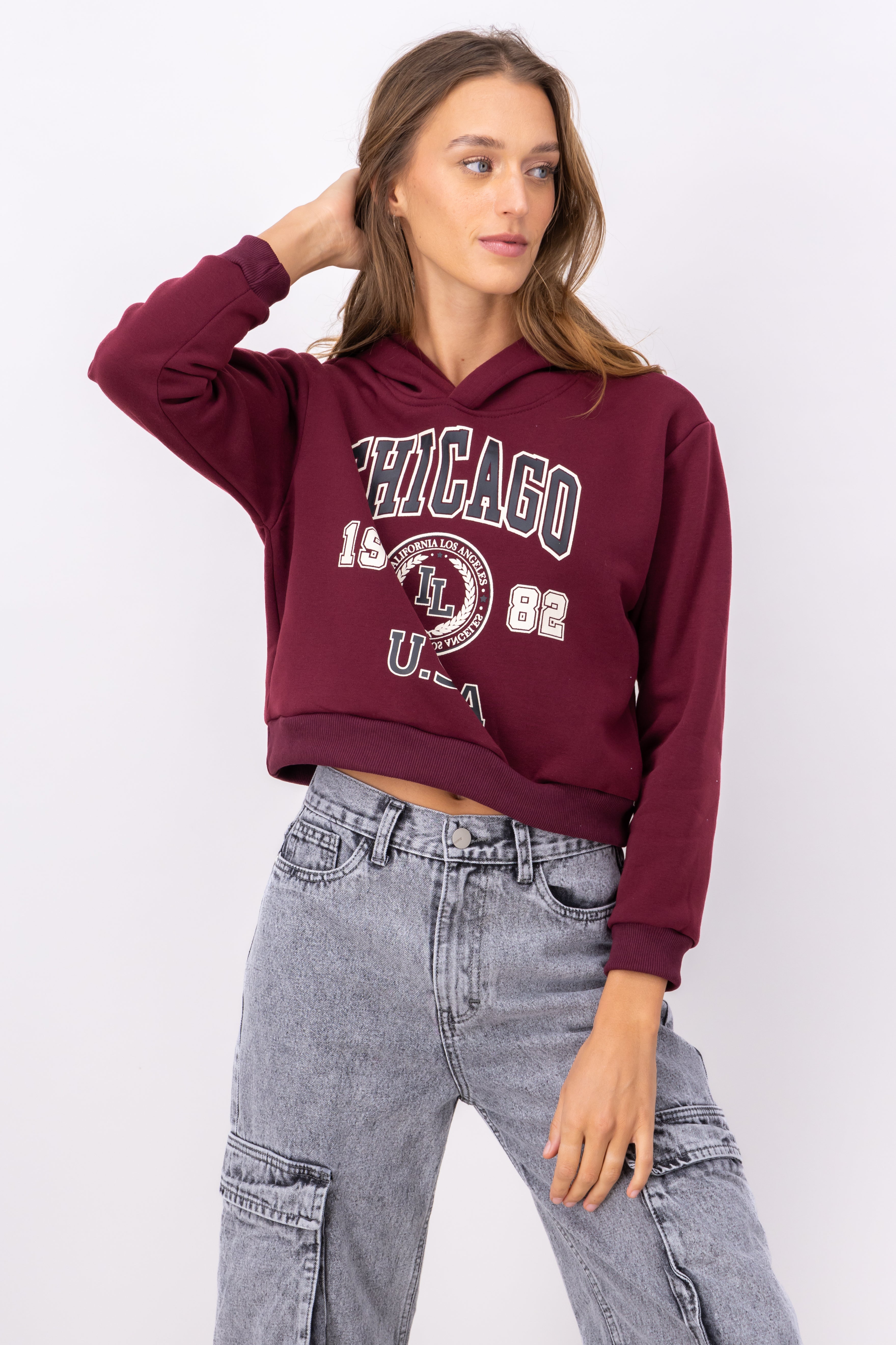 Sudadera Crop Estampado Chicago VINO