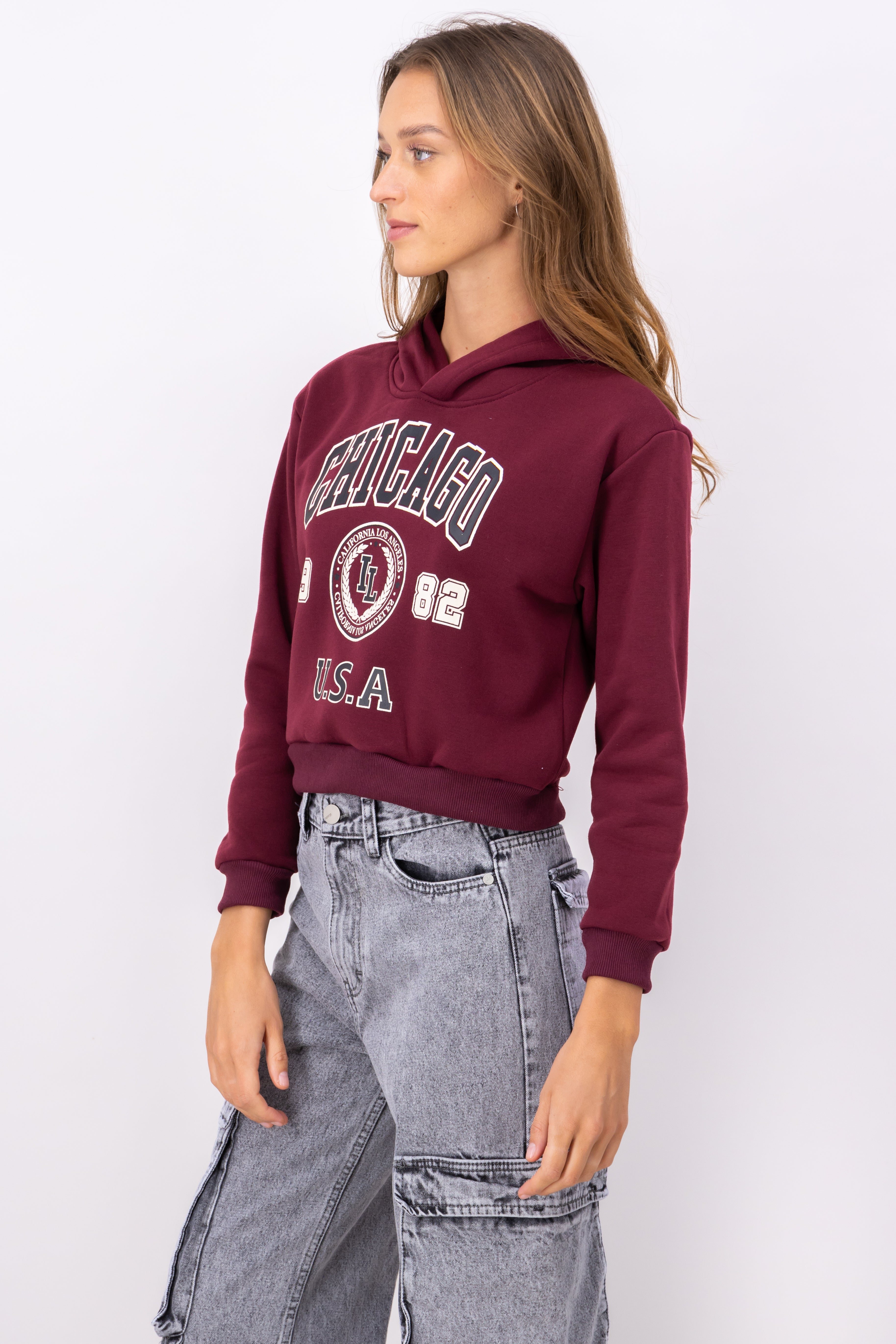 Sudadera Crop Estampado Chicago VINO