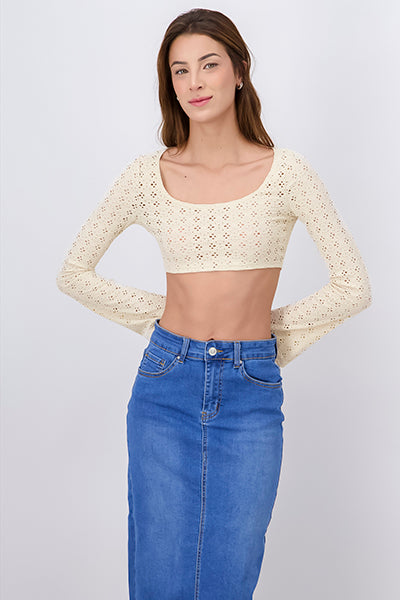 Top Crop Eyelets Manga Larga TAUPE