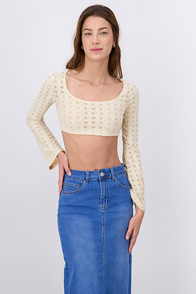 Top Crop Eyelets Manga Larga TAUPE